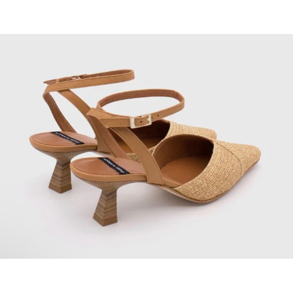 ANGEL ALARCON Helen Raffia Woven Slingback Heels Tan Leather Ankle Strap Size 39 - Picture 3 of 16